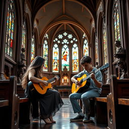 A serene scene inside a beautiful and ornate church, featuring a young lady and a twenty-year-old boy playing classical guitar together