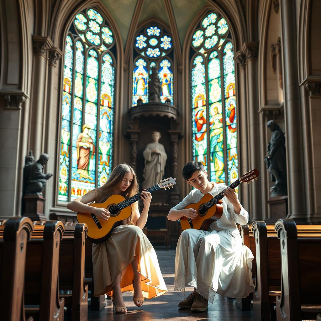 A serene scene inside a beautiful and ornate church, featuring a young lady and a twenty-year-old boy playing classical guitar together