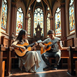 A serene scene inside a beautiful and ornate church, featuring a young lady and a twenty-year-old boy playing classical guitar together
