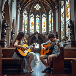A serene scene inside a beautiful and ornate church, featuring a young lady and a twenty-year-old boy playing classical guitar together