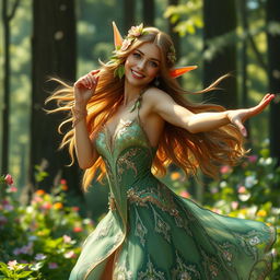 A captivating female forest elf dancing joyfully in a vibrant, enchanted forest