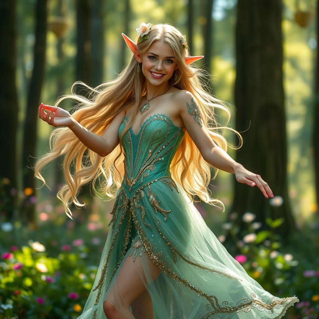 A captivating female forest elf dancing joyfully in a vibrant, enchanted forest