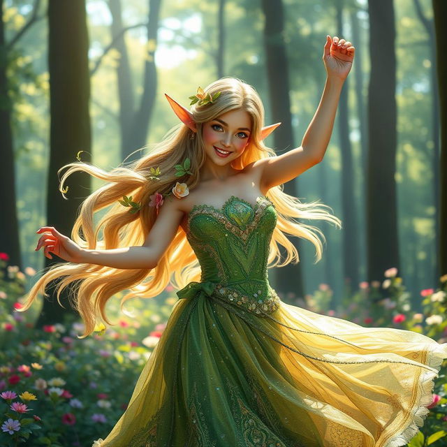 A captivating female forest elf dancing joyfully in a vibrant, enchanted forest