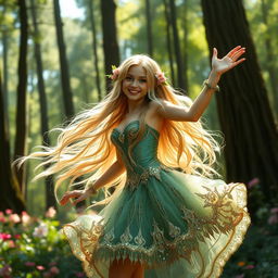 A captivating female forest elf dancing joyfully in a vibrant, enchanted forest