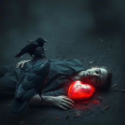 A surreal scene depicting a crow perched nearby, observing a decapitated man lying on the ground