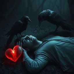 A surreal scene depicting a crow perched nearby, observing a decapitated man lying on the ground