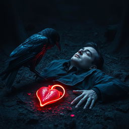 A surreal scene depicting a crow perched nearby, observing a decapitated man lying on the ground