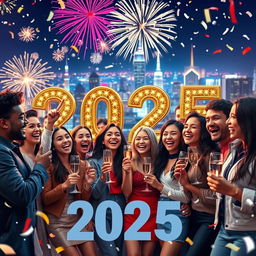 A vibrant and colorful New Year celebration scene for 2025, featuring joyful people of diverse backgrounds celebrating together