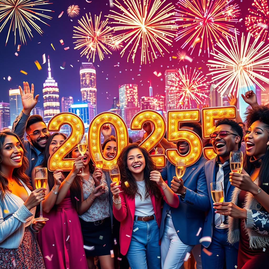 A vibrant and colorful New Year celebration scene for 2025, featuring joyful people of diverse backgrounds celebrating together