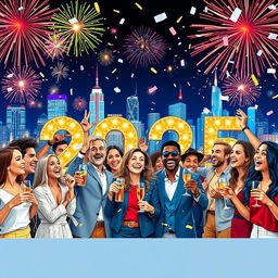 A vibrant and colorful New Year celebration scene for 2025, featuring joyful people of diverse backgrounds celebrating together