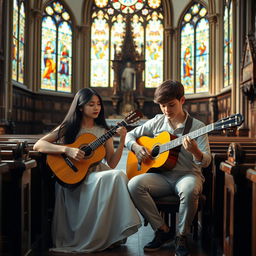 A young lady with long black hair and a twenty-year-old boy with short brown hair are sitting inside a beautiful, ornate church