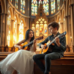 A young lady with long black hair and a twenty-year-old boy with short brown hair are sitting inside a beautiful, ornate church