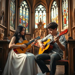 A young lady with long black hair and a twenty-year-old boy with short brown hair are sitting inside a beautiful, ornate church
