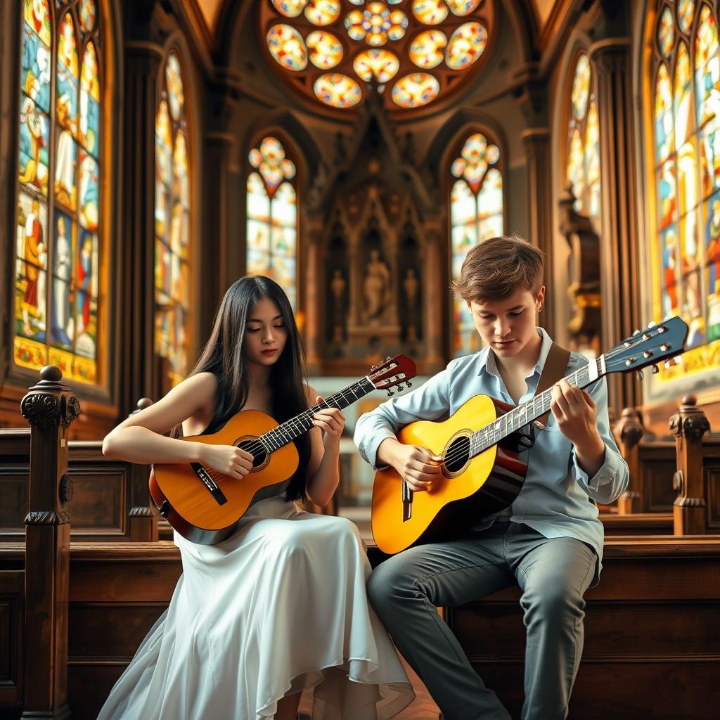 A young lady with long black hair and a twenty-year-old boy with short brown hair are sitting inside a beautiful, ornate church