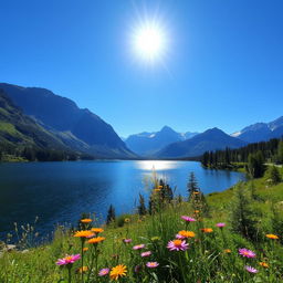 A scenic landscape featuring a serene lake surrounded by lush greenery and tall mountains in the background under a clear blue sky