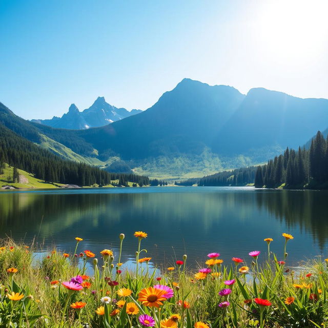 A scenic landscape featuring a serene lake surrounded by lush greenery and tall mountains in the background under a clear blue sky