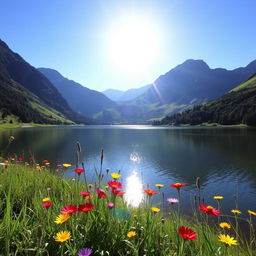 A scenic landscape featuring a serene lake surrounded by lush greenery and tall mountains in the background under a clear blue sky