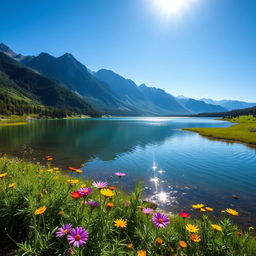 A scenic landscape featuring a serene lake surrounded by lush greenery and tall mountains in the background under a clear blue sky