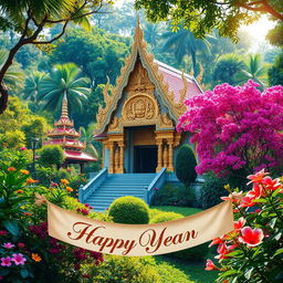 A picturesque scene depicting a Sri Lankan temple surrounded by vibrant, colorful nature