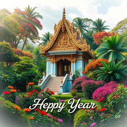 A picturesque scene depicting a Sri Lankan temple surrounded by vibrant, colorful nature