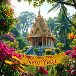 A picturesque scene depicting a Sri Lankan temple surrounded by vibrant, colorful nature