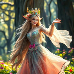 A stunning female forest elf dancing gracefully in a magical, vibrant forest