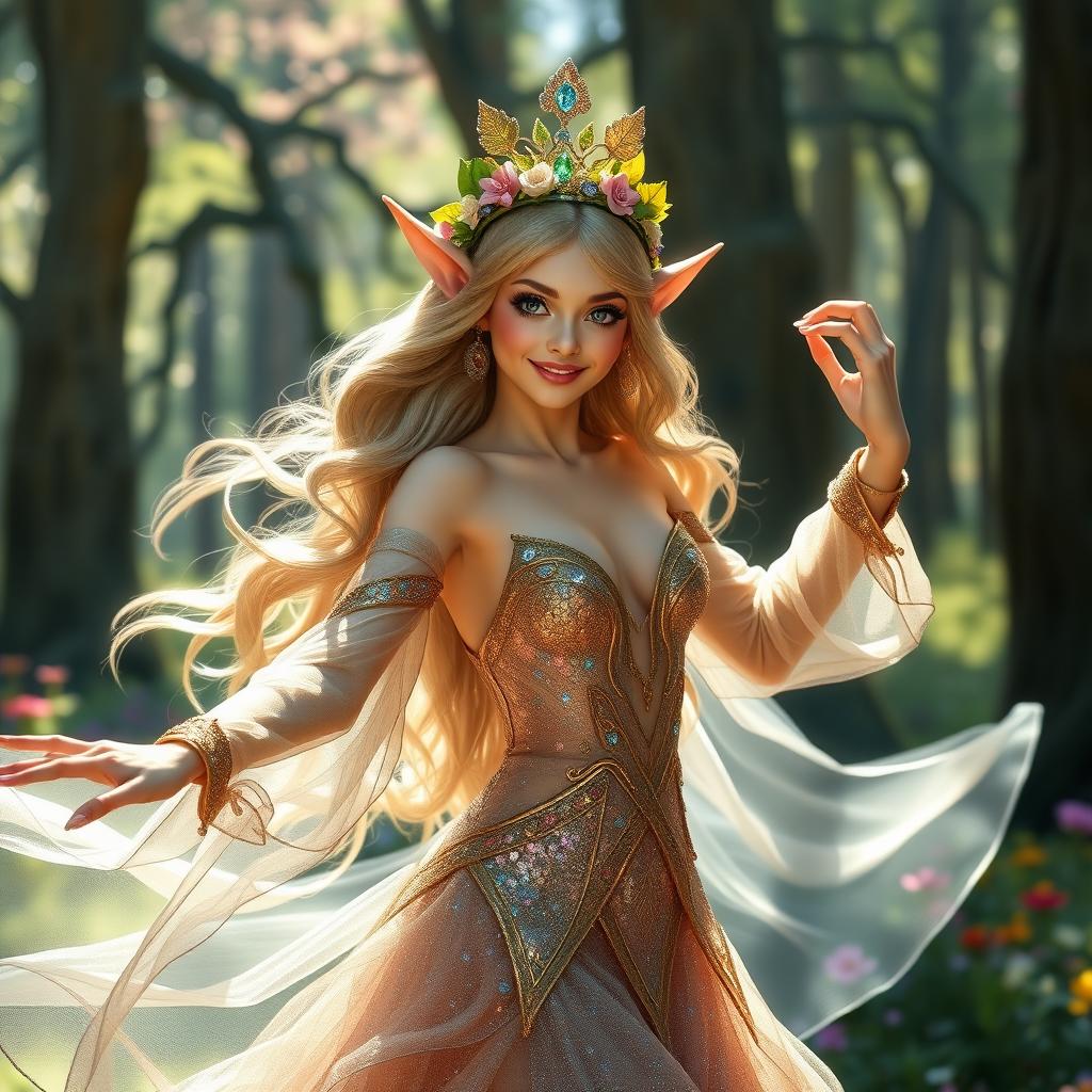 A stunning female forest elf dancing gracefully in a magical, vibrant forest