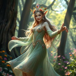 A stunning female forest elf dancing gracefully in a magical, vibrant forest