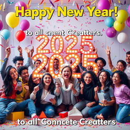 A vibrant and celebratory New Year's greeting for 2025, featuring a diverse group of enthusiastic content creators joyfully celebrating together