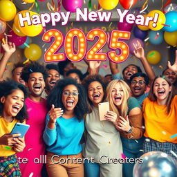 A vibrant and celebratory New Year's greeting for 2025, featuring a diverse group of enthusiastic content creators joyfully celebrating together
