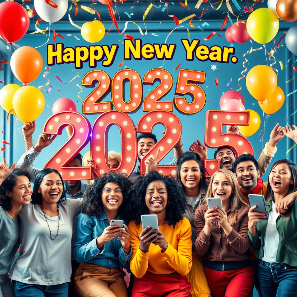 A vibrant and celebratory New Year's greeting for 2025, featuring a diverse group of enthusiastic content creators joyfully celebrating together