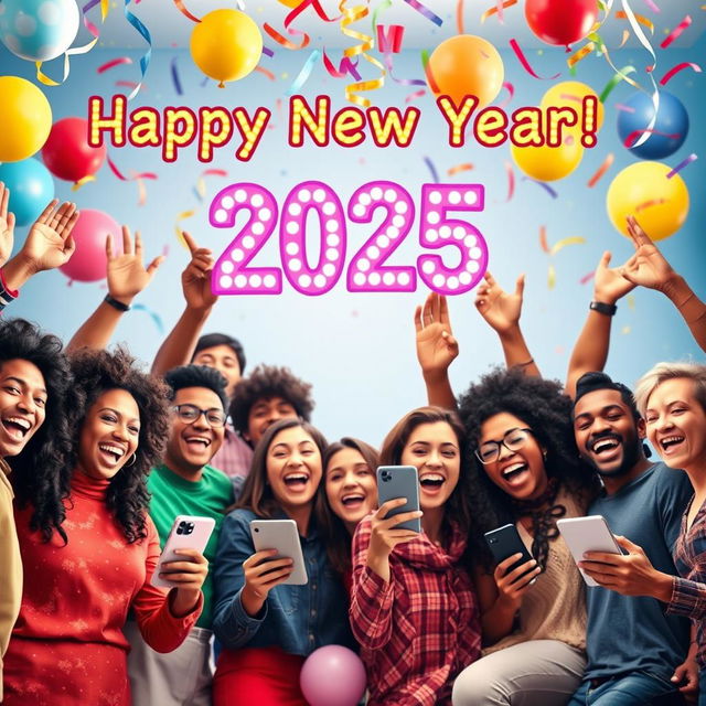 A vibrant and celebratory New Year's greeting for 2025, featuring a diverse group of enthusiastic content creators joyfully celebrating together