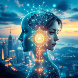 A captivating image of a harmonious blend between AI and human elements, showcasing advanced technology intertwined with organic human features
