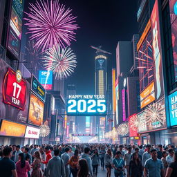 A futuristic cityscape celebrating New Year's Eve, vibrant fireworks illuminating the night sky with bright colors, digital screens displaying 'Happy New Year 20025', diverse groups of people enjoying the celebration, some wearing colorful and glowing outfits, decorations featuring advanced technology, a bustling street filled with joy and excitement, a sense of community and happiness, artful compositions of shimmering lights and reflections