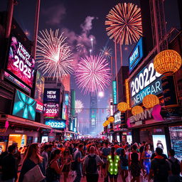 A futuristic cityscape celebrating New Year's Eve, vibrant fireworks illuminating the night sky with bright colors, digital screens displaying 'Happy New Year 20025', diverse groups of people enjoying the celebration, some wearing colorful and glowing outfits, decorations featuring advanced technology, a bustling street filled with joy and excitement, a sense of community and happiness, artful compositions of shimmering lights and reflections