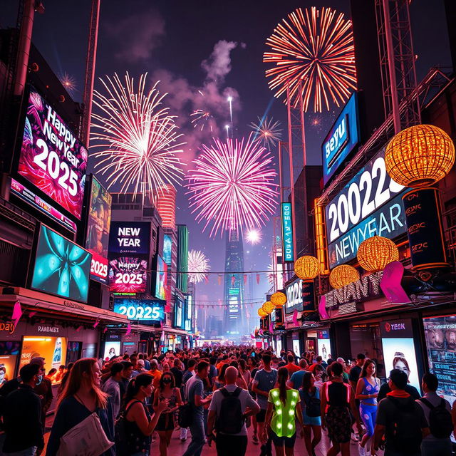 A futuristic cityscape celebrating New Year's Eve, vibrant fireworks illuminating the night sky with bright colors, digital screens displaying 'Happy New Year 20025', diverse groups of people enjoying the celebration, some wearing colorful and glowing outfits, decorations featuring advanced technology, a bustling street filled with joy and excitement, a sense of community and happiness, artful compositions of shimmering lights and reflections