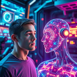 A stunning blend of AI and human elements, showcasing a futuristic scene where a human and an AI hologram are interacting in a high-tech environment