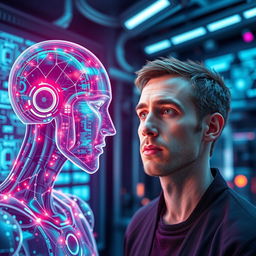 A stunning blend of AI and human elements, showcasing a futuristic scene where a human and an AI hologram are interacting in a high-tech environment
