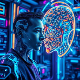 A stunning blend of AI and human elements, showcasing a futuristic scene where a human and an AI hologram are interacting in a high-tech environment
