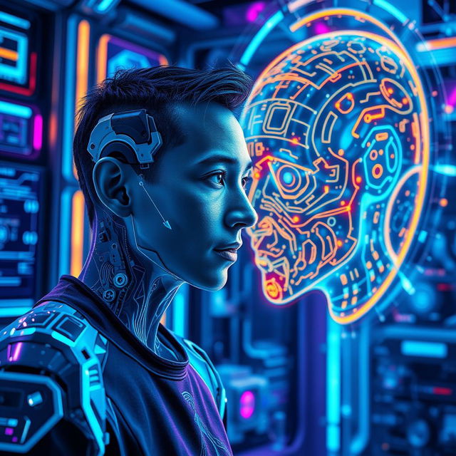 A stunning blend of AI and human elements, showcasing a futuristic scene where a human and an AI hologram are interacting in a high-tech environment