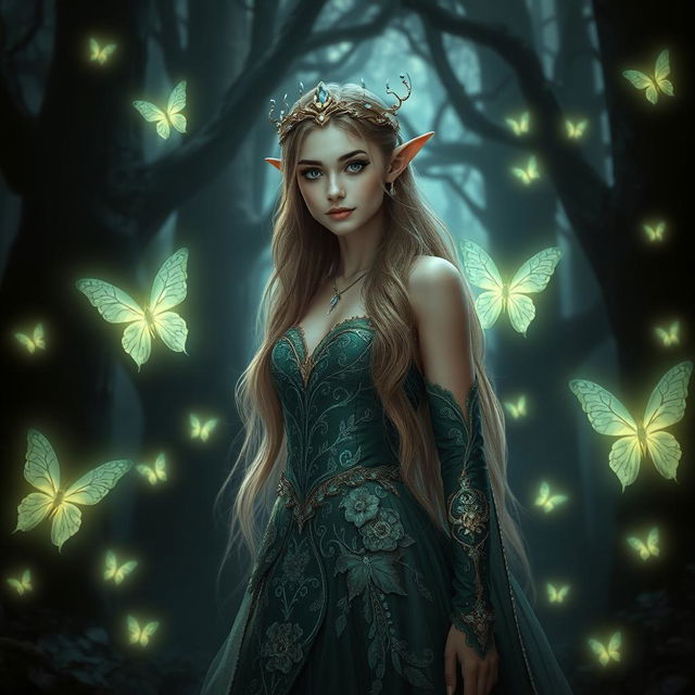 A stunning forest elf princess standing confidently in a dark, enchanted forest