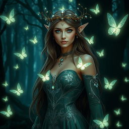 A stunning forest elf princess standing confidently in a dark, enchanted forest