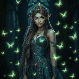 A stunning forest elf princess standing confidently in a dark, enchanted forest