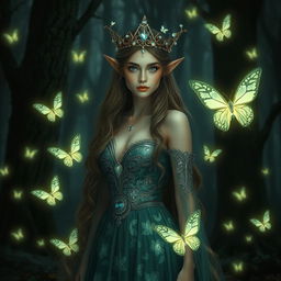 A stunning forest elf princess standing confidently in a dark, enchanted forest