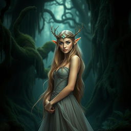 A majestic forest elf princess standing elegantly in a dark, enchanted forest