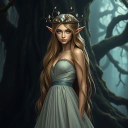 A majestic forest elf princess standing elegantly in a dark, enchanted forest