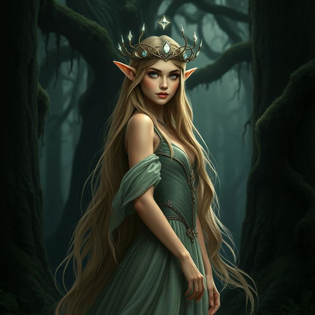 A majestic forest elf princess standing elegantly in a dark, enchanted forest