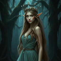 A majestic forest elf princess standing elegantly in a dark, enchanted forest