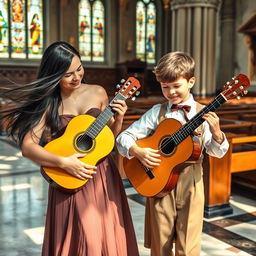 A lady with long, flowing black hair wearing an elegant classic dress, and a boy with short brown hair also dressed in vintage fashion, both playing classical guitar together in a beautiful church setting