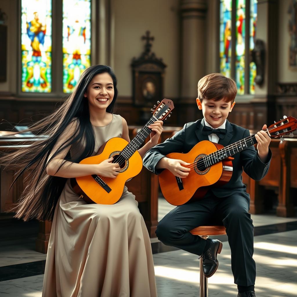A lady with long, flowing black hair wearing an elegant classic dress, and a boy with short brown hair also dressed in vintage fashion, both playing classical guitar together in a beautiful church setting